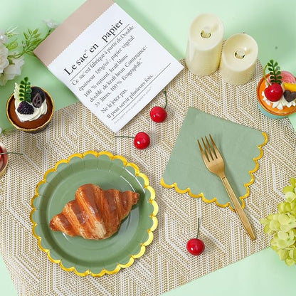 Sage green & gold scalloped party plates with napkins and fork gold foil border, 24 Guest green disposable Tableware Set Party Decoration for Birthday Coquette Bridal Baby Shower Valentines