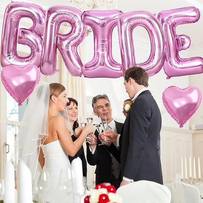 40inch Pink BRIDE Letter Balloons, Giant Pink Bride Foil Helium Balloon Banner with Heart Balloon for Bride to Be Wedding Engagement Bridal Shower Bachelorette Party Decoration