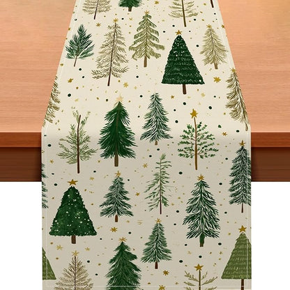 Christmas Tree Table Runner 13x72 Inch Winter Forest Burlap Farmhouse Dining Table Decoration Green Pine Trees Holiday Tablecloth for Kitchen Dining Room Indoor Outdoor Party Home Decor