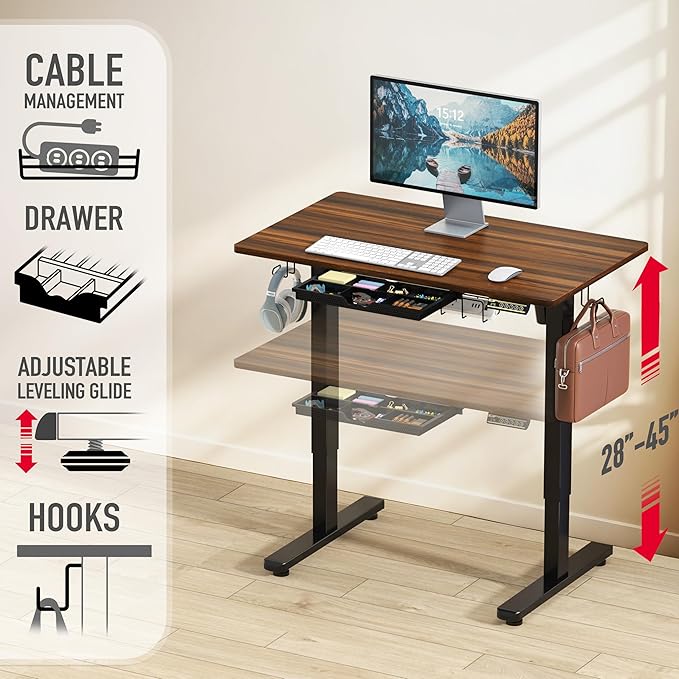 SHW 40-Inch Electric Height Adjustable Standing Desk with Drawer, Memory Preset and Cable Management Tray, Walnut