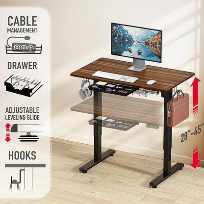 SHW 40-Inch Electric Height Adjustable Standing Desk with Drawer, Memory Preset and Cable Management Tray, Walnut