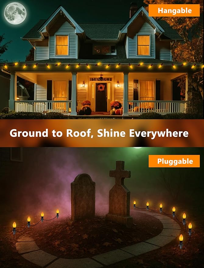 25FT LED Halloween Outdoor String Lights with 26 C9 Candle Shape Shatterproof Plastic Bulbs,2700K Waterproof Connectable Orange LED String Lights for Home Garden Halloween Christmas Fall Decor