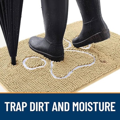 OLANLY Dog Door Mat for Muddy Paws 70x35, Paw Print Design, Absorbs Moisture and Dirt, Absorbent Non-Slip Washable Doormat, Quick Dry Chenille Mud Mat for Dogs, Entry Indoor Entryway Carpet, Beige