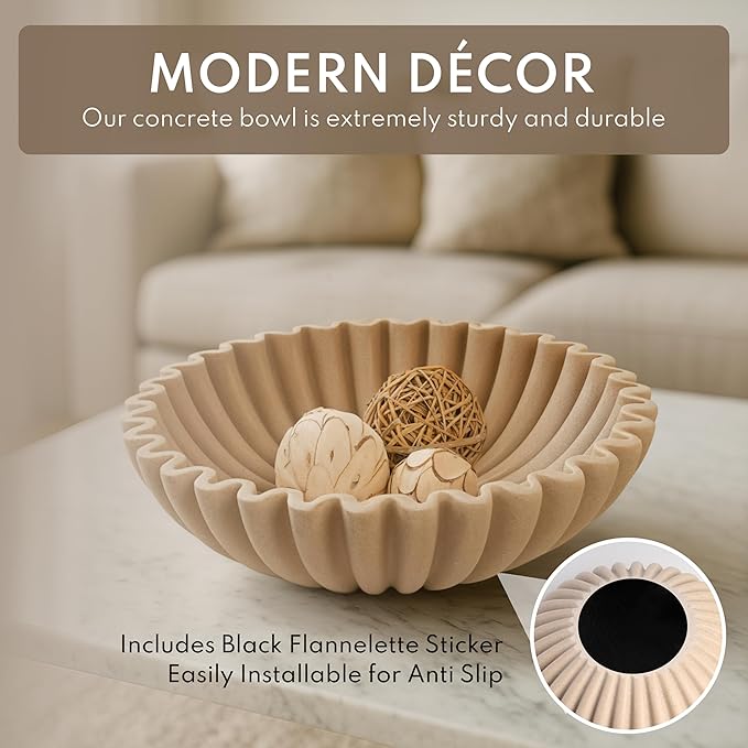 12" Extra Large Decorative Bowl – Modern Handmade Bowls for Home Decor, Decorative Fruit Bowl for Kitchen Counter, Ruffle Decor, Stylish Key Bowl for Entryway Table, Beige Artificial Stone