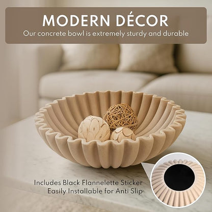 12" Extra Large Decorative Bowl – Modern Handmade Bowls for Home Decor, Decorative Fruit Bowl for Kitchen Counter, Ruffle Decor, Stylish Key Bowl for Entryway Table, Beige Artificial Stone