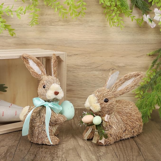 DR.DUDU Set of 2 Easter Decorations Bunny Figurines with Eggs, Spring Straw Rabbit Tabletop Decor, Rustic Sisal Bunny Statues Springtime Decor for Home Table Office Kitchen Farmhouse