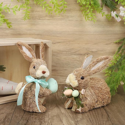 DR.DUDU Set of 2 Easter Decorations Bunny Figurines with Eggs, Spring Straw Rabbit Tabletop Decor, Rustic Sisal Bunny Statues Springtime Decor for Home Table Office Kitchen Farmhouse