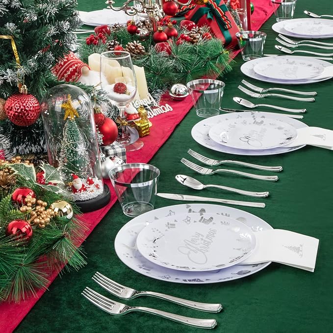 Ciaell 175PCS Christmas Plastic Plates - White and Silver Plastic Plates for 25 Guests - Include 50 Disposable Plate, 25 Knives, 25 Spoons, 25 Forks and 25 Christmas Tree Napkins for Xmas Party