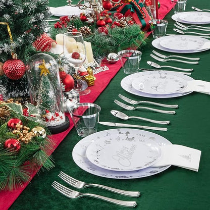 Ciaell 175PCS Christmas Plastic Plates - White and Silver Plastic Plates for 25 Guests - Include 50 Disposable Plate, 25 Knives, 25 Spoons, 25 Forks and 25 Christmas Tree Napkins for Xmas Party
