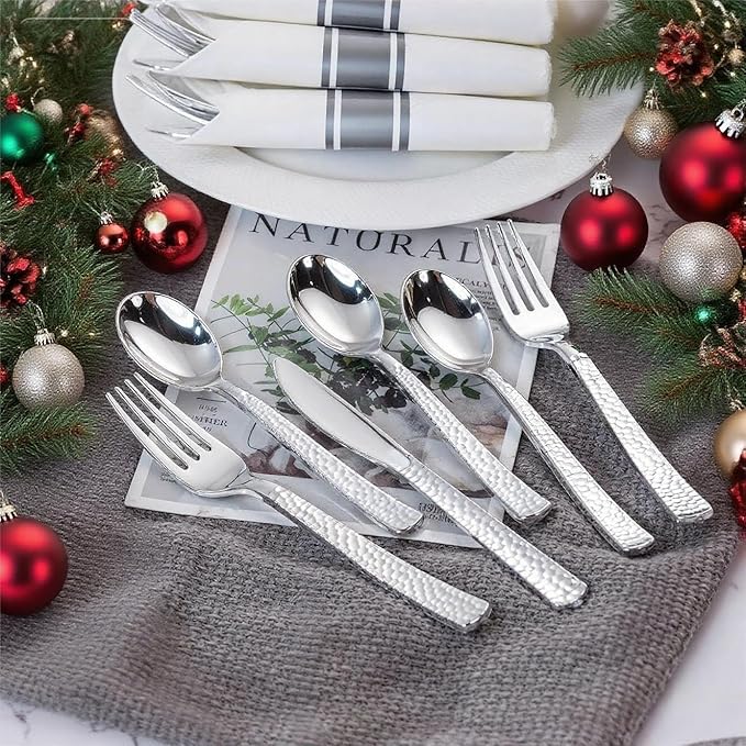 WELLIFE 400PCS Silver Plastic Silverware, Pre Rolled Silverware Set Disposable,Plastic Cutlery Includes: 100 Forks, 100 Knives, 100 Spoons, 100 Napkins, Cutlery Set Disposable for Christmas