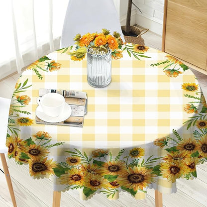 Eikione Sunflower Round Tablecloth 60inch, Fall Gingham Tablecloth Waterproof and Wrinkle-Free, Wild Flower Rustic Table Covers, Fall Decorations for Home