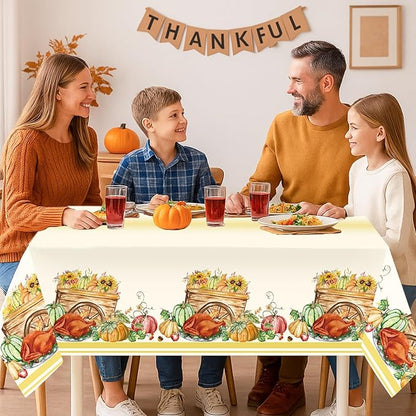 3PCS Thanksgiving Tablecloth, Disposable Plastic Tablecloths Rectangle Give Thanks Table Cover with Harvest Pumpkin Turkey for Home Kitchen Party Picnic Thanksgiving Decorations, 51.2x 86.6inch