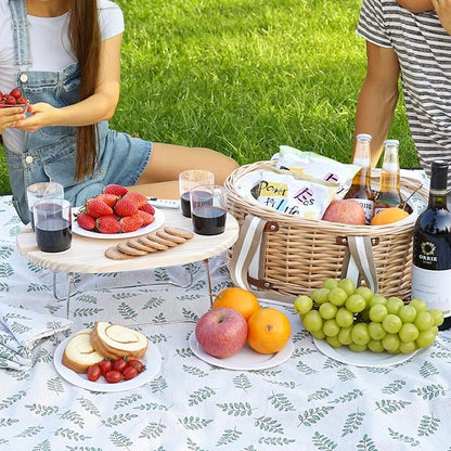 Picnic Basket Set for 4 - Wicker Insulated Picnic Basket with Folding Wine Table, Wine Picnic Kit with Liner for Couples, Camping, Outdoor, Valentine (Leaf)
