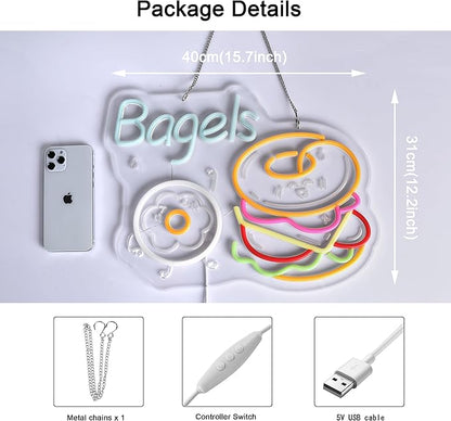 Bagels Neon Sign, Neon Lights Hanging Wall Art Decoration for Store Retail Shop Market Mall Grocery Bakeries Café Celebration Home Decor, USB Powered Ultra Bright Dimmable, 15.75*12.2 inches