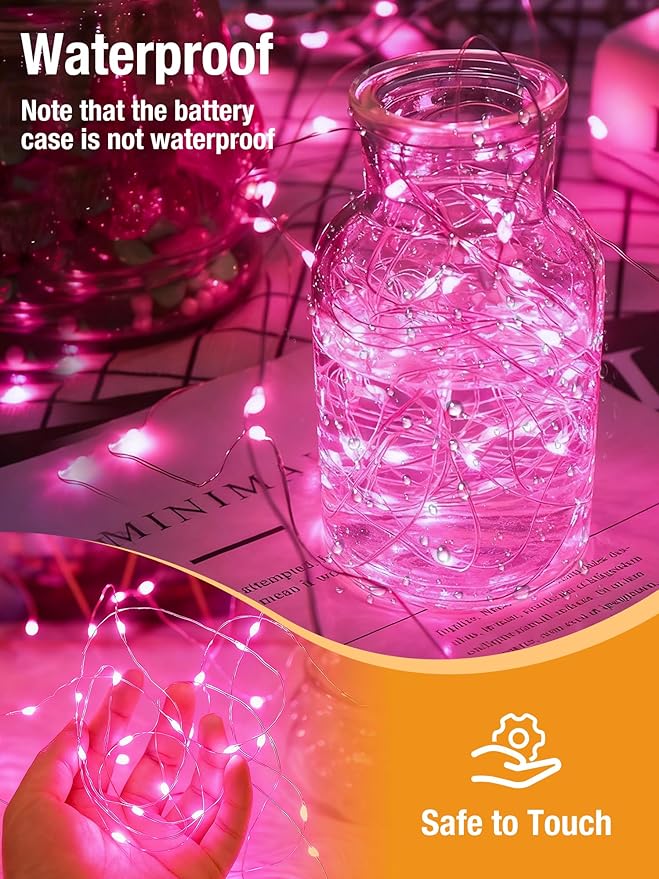 btfarm 4 Pack Fairy Lights Battery Operated with Timer, 16.4 FT 50 LED Silver Wire Twinkle String Lights 8 Modes Dimmable Waterproof for Indoor Christmas Bedroom Wedding Decorations, Pink