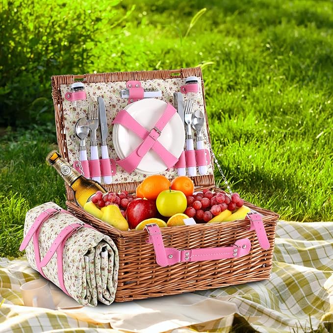 Wicker Picnic Basket for 4 with Waterproof Picnic Blanket and Insulated Cooler, Willow Hamper for Camping, Outdoors, Photoshoot, or a Birthday, Valentine’s Day, Wedding Gift, Pink