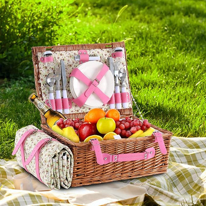 Wicker Picnic Basket for 4 with Waterproof Picnic Blanket and Insulated Cooler, Willow Hamper for Camping, Outdoors, Photoshoot, or a Birthday, Valentine’s Day, Wedding Gift, Pink