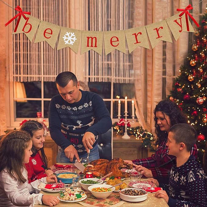 Be Merry Burlap Banner | Christmas Banner with Snowflake Sign | Christmas Decoration | Rustic Christmas Decor for Mantle Fireplace Xmas Party Holiday Supplies Decoration | Outdoor Indoor Hanging Decor