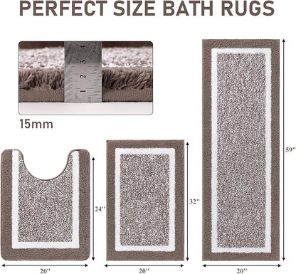 Pauwer Bathroom Rug Mat Set 3 Piece, Microfiber Shaggy Bath Set, Non-Slip Ultra Soft Carpet Mats, Absorbent with U-Shaped Toilet for Bathroom, Tub, Shower, Coffee