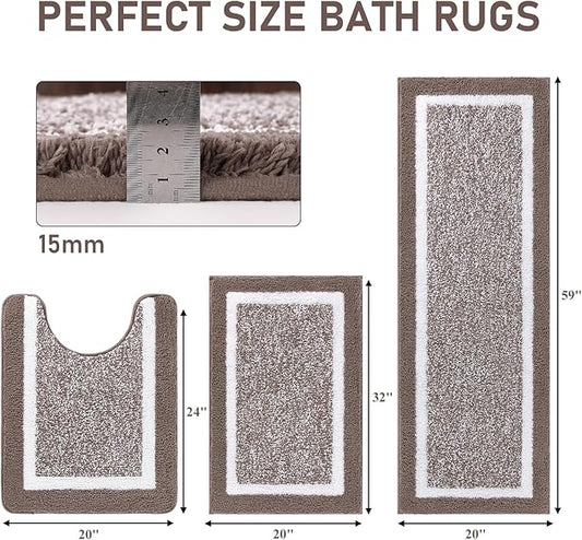 Pauwer Bathroom Rug Mat Set 3 Piece, Microfiber Shaggy Bath Set, Non-Slip Ultra Soft Carpet Mats, Absorbent with U-Shaped Toilet for Bathroom, Tub, Shower, Coffee