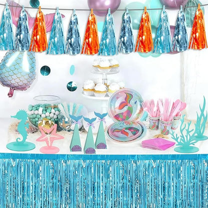 3P Lake Blue Light Blue-Orange Tassel Banner Garland Metallic Foil Fringe Banner Tinsel Tassels Streamer Banner Backdrop for Parade Floats,Graduation Decorations, Wedding Party Decoration