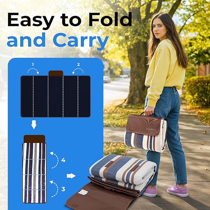 scuddles Blue Extra Large Picnic Blanket 78x59 Inch Waterproof Outdoor Mat Soft 3 Layer Acrylic Sponge PEVA Foldable with Carry Strap Lightweight Compact for Beach Camping Hiking Travel Family Use