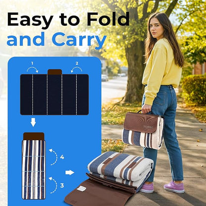scuddles Blue Extra Large Picnic Blanket 78x59 Inch Waterproof Outdoor Mat Soft 3 Layer Acrylic Sponge PEVA Foldable with Carry Strap Lightweight Compact for Beach Camping Hiking Travel Family Use