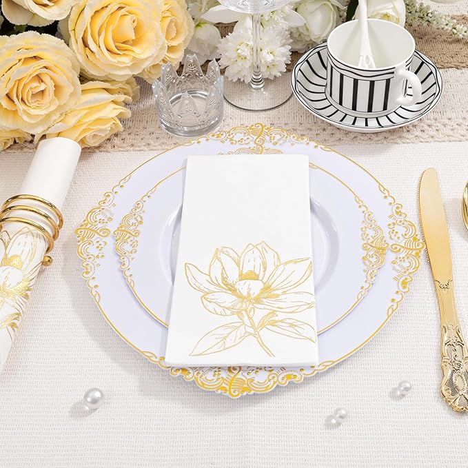 50 Pack Gold Magnolia Napkins - Gold Floral Disposable Napkins - Cloth-Like Feel Dinner Paper - Retro Heavy Duty Hand Towels for Bathroom Wedding Holiday Party Bridal Decorative Towels