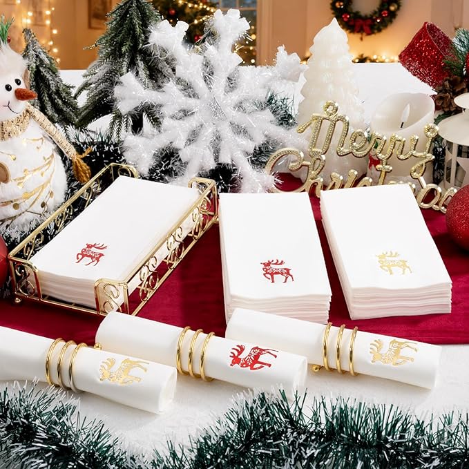 50 Pack Christmas Deer Paper Napkins - Christmas Red Dinner Napkins - Cloth-like Disposable Hand Towels for Xmas Holiday Table Bathroom Decor Party