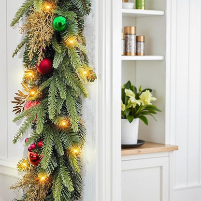 9 FT Pre-lit LED Christmas Garland with 20 Red Balls, Multi-Function Christmas Garland with 50 Warm White LED Lights for Mantle Fireplace Staircase Porch Decor