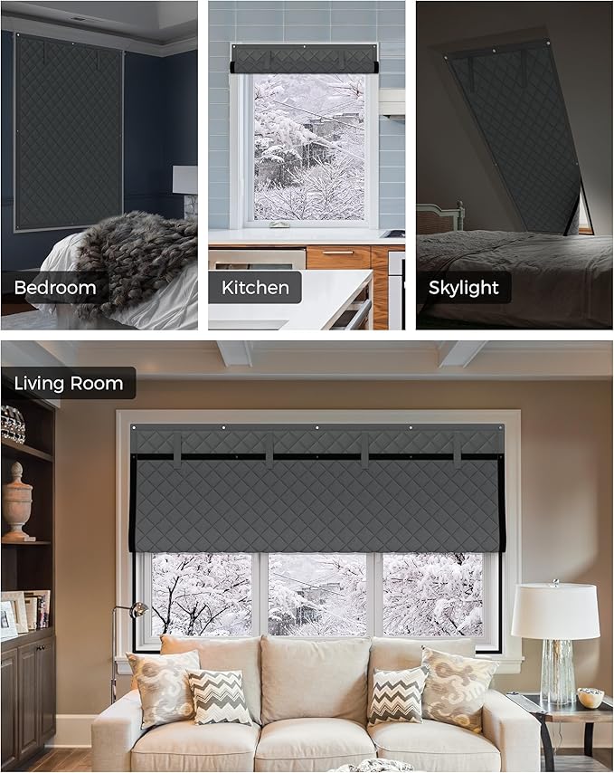 Thermal Insulated Window Cover, Curtain Size 52 x 32 Inch, Quilted Oxford Cloth Thick Cotton Filled, Fits up to 50''×30'' Windows, Ideal for Keeping Warm in Winter, Grey