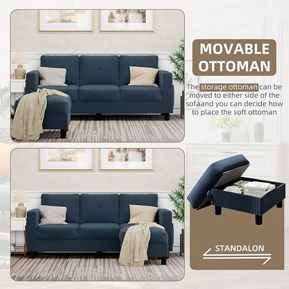 JAMFLY Convertible Sectional Couches for Living Room, L-Shaped Couch 3 Seat Sectional Sofa Set with Polyester Fabric and Movable Ottoman Small Couch for Apartments, Office(Blue)