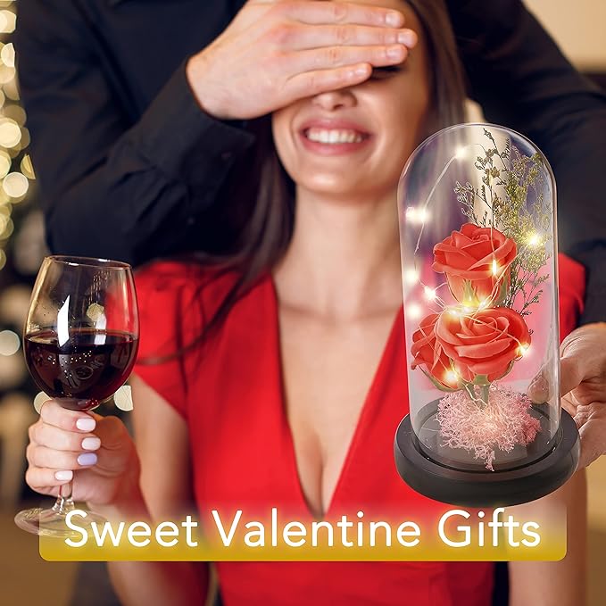 Preserved Flower Gift, Light Up Rose in Glass Dome, Eternal Forever Rose Flower Gifts for Her, Grandma, Mother’s Day, Valentine’s Day, Anniversary, Birthday, Christmas Decorations, Red