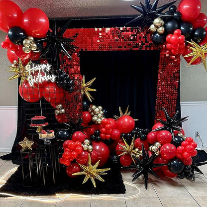Black Red Gold Star Balloons,9Pcs 22Inch Black Gold Red Explosion Spike Cone Helium Polyester Film Star Foil Balloons for Birthday Anniversary Baby Shower New Year Disco Party Decorations