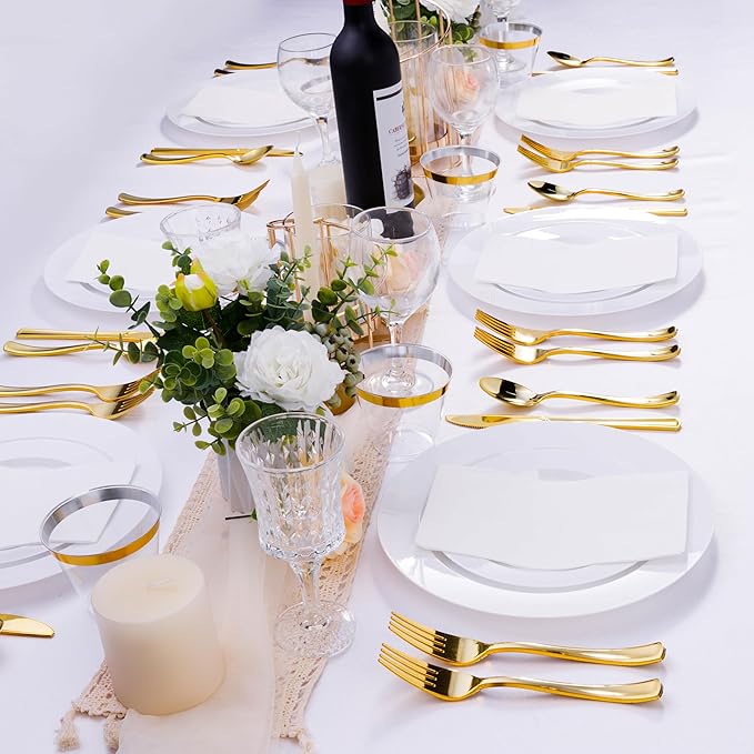 100PCS White Plastic Plates, White Disposable Plates for 50 Guests, 50 Dinner Plates 10.25 inch and 50 Dessert/Salad Plates 7.5 inch for Party, Graduation, Wedding