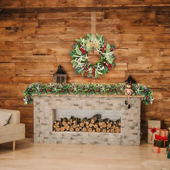 6 Feet Natural Starfish Christmas Garland for Mantle Sea Star Fish Artificial Garland with Lamb's Ear Leaves Pinecone Red Berries for Home Kitchen Cabinet Christmas Tree Farmhouse Porch Fireplace