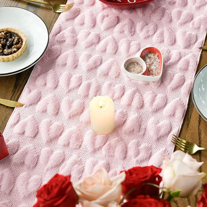 Artoid Mode Pink Soft Plush Faux Fur Jacquard Heart Valentine's Day Table Runner, Seasonal Kitchen Dining Table Decoration for Home Party Decor 13x90 Inch