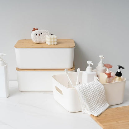 Citylife 4 PCS Storage Bins with Bamboo Lids Plastic Storage Containers for Organizing Stackable Storage Box with Handle, 14 x 10.6 x 6.18 inch