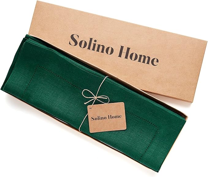 Solino Home Linen Placemats Set of 4 - Classic Hemstitch Rainforest Green Placemats 14 x 19 Inch - 100% Pure Linen Table Mats for Fall, Autumn, Christmas, Holiday, Winter, New Year