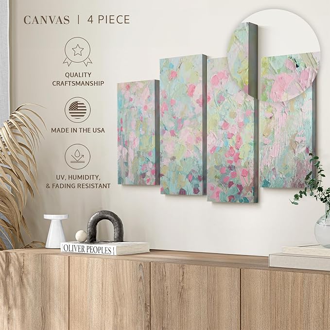 Elephant Stock Dancing Sakura Tree Wall Art - Horizontal Canvas - 4-Piece Living Room Wall Decor - Painting Abstract Canvas Print - Pink and Blue Decor for Wall by Ann Marie Coolick - 84" X 54"