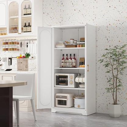 Metal Storage Cabinet with 3 Adjustable Shelves, 60" Tall Kitchen Storage Cabinet with Gold Handles, White Pantry Cabinets for Kitchen, Living Room, Hallway - Assembly Required