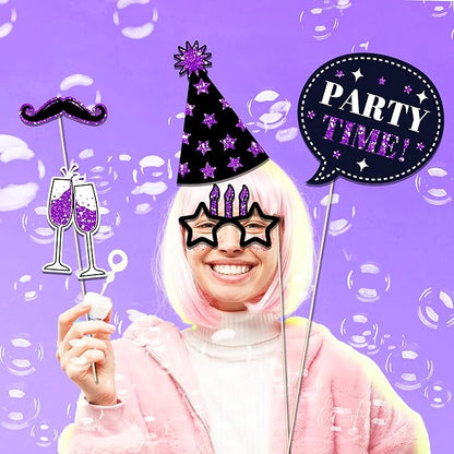 CC HOME 36Pcs Happy Birthday Photo Booth Props, Glitter Purple Birthday Party Decorations Party Favor for Forever Young Cheers Party Time Birthday Party Supplies Party Essentials