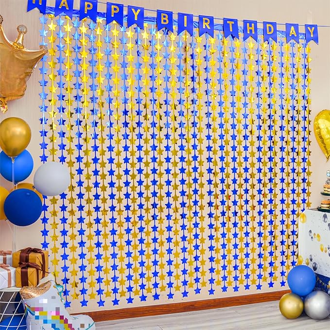 LOLStar 2 Pack Graduation Decoration 2025 3.3 x 6.6 ft Blue Gold Star Each Foil Fringe Tinsel Curtains Backdrop, Navy Blue and Gold Star Streamers for Birthdays, Retirement, Bridal Showers, Banquet