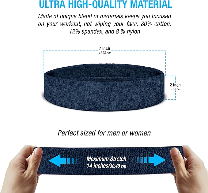 Suddora Workout Headband for Men and Women, Moisture-Wicking Athletic Sweatband, Lightweight Cotton Terry Cloth Bands for Basketball, Tennis, Football, Gym, Running, Cosplay & Costumes