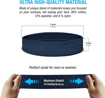 Suddora Workout Headband for Men and Women, Moisture-Wicking Athletic Sweatband, Lightweight Cotton Terry Cloth Bands for Basketball, Tennis, Football, Gym, Running, Cosplay & Costumes