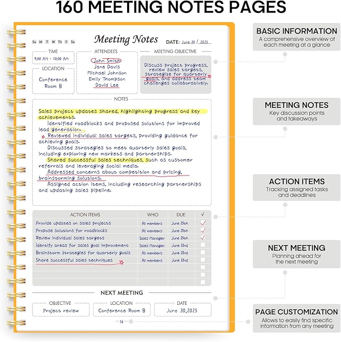 Taja Meeting Notebook for Work Organization - Work Planner Notebook with Action Items, Agenda Planner for Note Taking, 160 Pages (6.9" X 9.9") Project Organizer for Men & Women - Yellow
