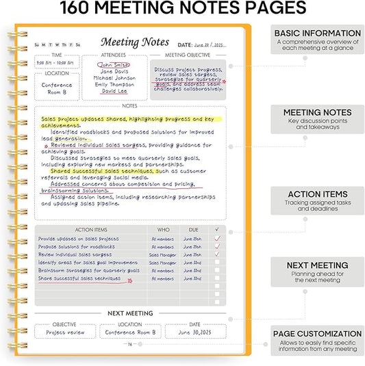 Taja Meeting Notebook for Work Organization - Work Planner Notebook with Action Items, Agenda Planner for Note Taking, 160 Pages (6.9" X 9.9") Project Organizer for Men & Women - Yellow