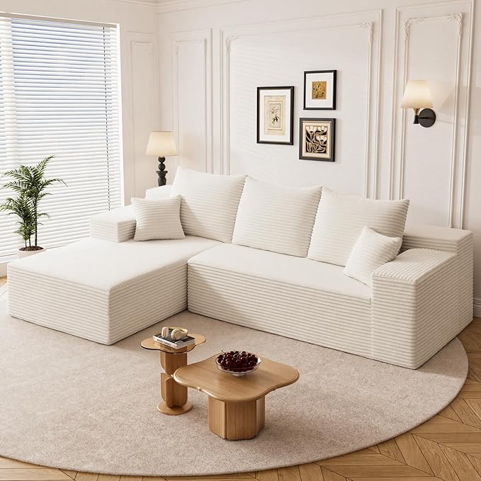 108" L Shaped Boneless Sectional Couches for Living Room, Comfy Corduroy Floor Cloud Sofa with Chaise, Wide Armrest, Deep Seat, Memory Foam, Assembly Free, Ideal for Small Spaces, White