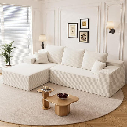 108" L Shaped Boneless Sectional Couches for Living Room, Comfy Corduroy Floor Cloud Sofa with Chaise, Wide Armrest, Deep Seat, Memory Foam, Assembly Free, Ideal for Small Spaces, White