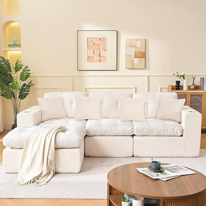 105 Inch Cloud Sectional Couch Modern Modular Sectional Sofa with Deep Seat - L Shaped Comfy 3 Seater Sectional Couches for Living Room with Cup Holders, Fits Living Room & Bedroom, Beige